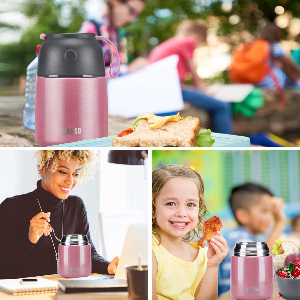 Insulated Food Jar for Hot & Cold Food for Kids Adult,17 oz Soup Thermo Hot Food Containers for Lunch, Triple Layer Insulation Stainless Steel Food Jar with Spoon (Pink)