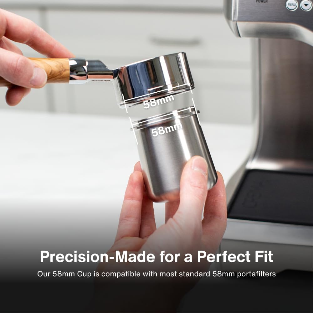 Crema Coffee Products 58mm Dosing Cup | Compatible with Breville Portafilters etc | Durable 100% Stainless Steel | Built-In Grinder Tab for Easy Transfer | Sleek, Mess-Free Design | Black Finish