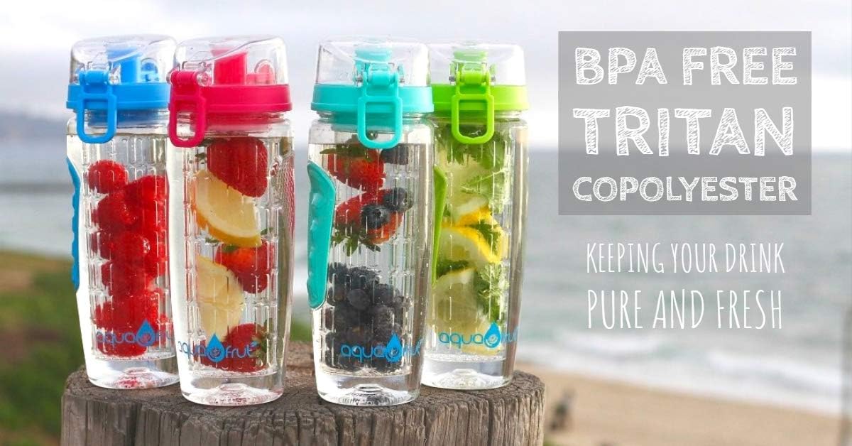 AquaFrut 32 OZ Fruit Infuser Water Bottle BPA-Free Fruit Infusion Sports Bottle - Flip Top Lid w Drinking Spout, Leak Proof, Made of Durable Tritan. Free Recipe eBook! (Black)