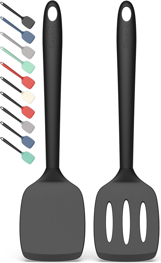 Coukre 2 Pack Silicone Spatula Set, High Heat Resistant, BPA Free Kitchen Spatula, Solid & Slotted Turner for Non-Stick Pans, Saut?ing, and Flipping (2, PureBlack)