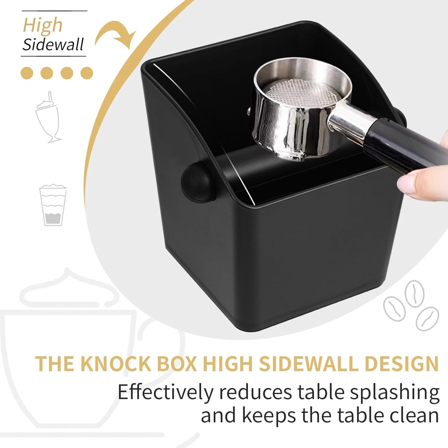 Large Square Knock Box Shock-absorbent Knock Box Espresso with Removable Knock Bar and Non-Slip Base Espresso Accessories for Home/Office (Large Black Knock Box with Tamper Mat)