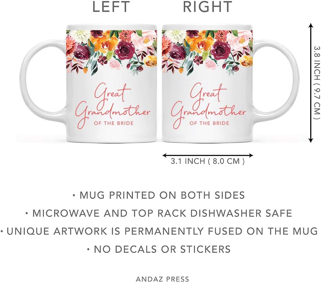 Andaz Press 11oz. Wedding Ceramic Coffee Tea Mug Gift, Fall Autumn Burgundy Orange Peach Flowers Roses Florals, Great Grandmother of the Bride, 1-Pack, Includes Gift Box