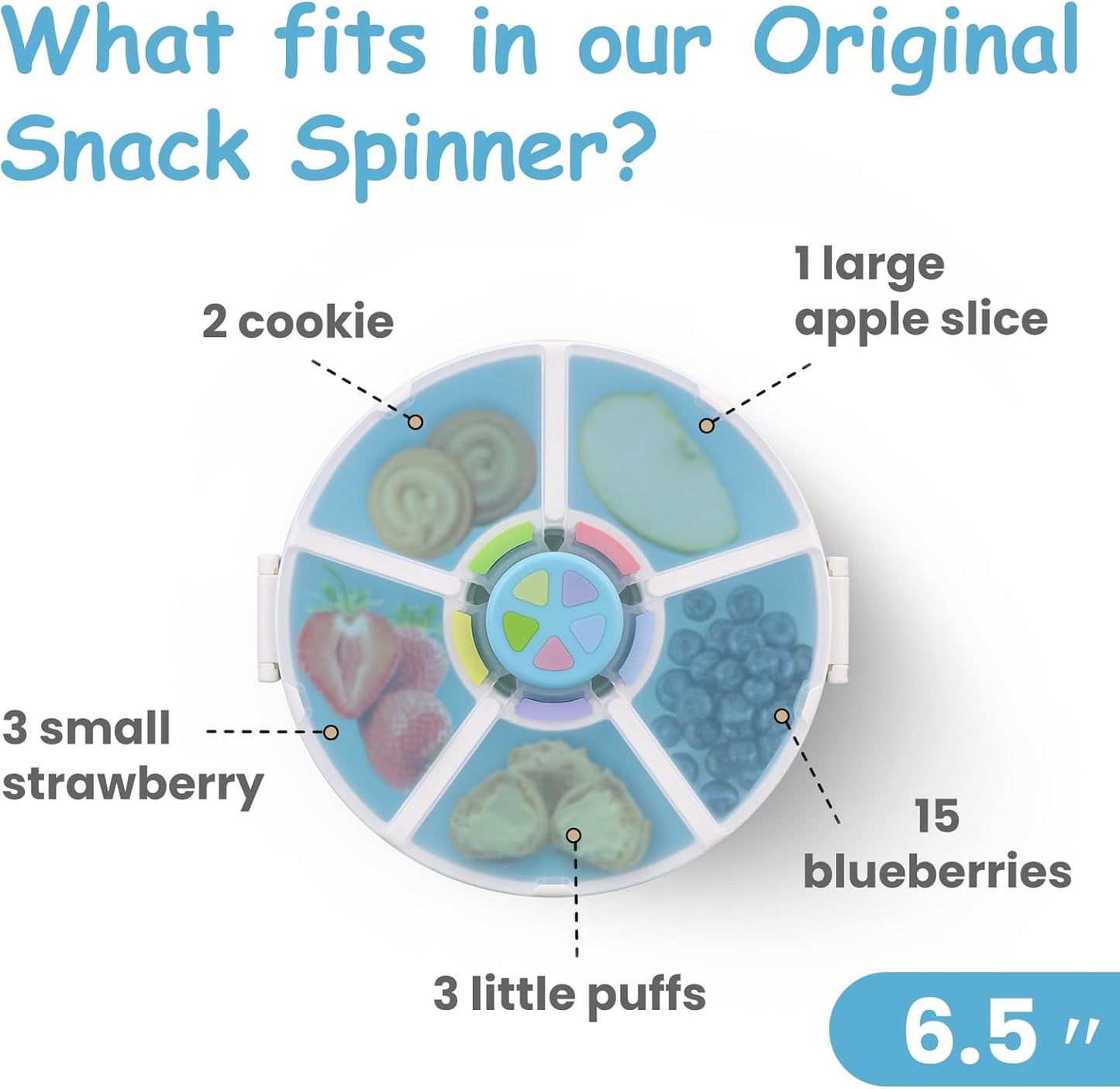 Kids Reusable Rotating Snack Container with 5 Separate Compartments, Color Matching Opening Lid, BPA/PVC-Free, Dishwasher Safe, Perfect for Travel, School Lunches & On-the-Go Snacking-Blue