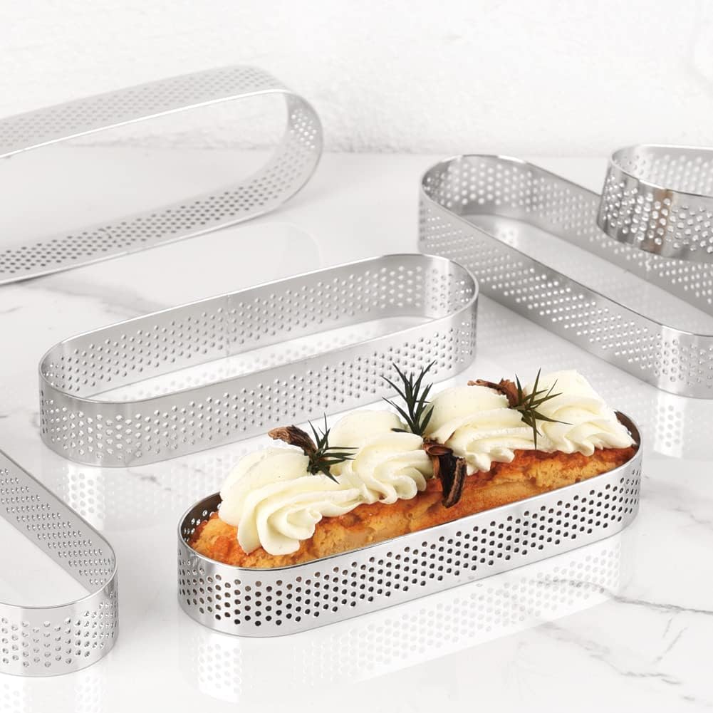 Guowall 6 pack Perforated Oval Tart Rings 304 Stainless Steel Pastry Mould 5 inch Cake Molds for Baking, Nonstick Fruit Tarte Crust Tools (13cm)