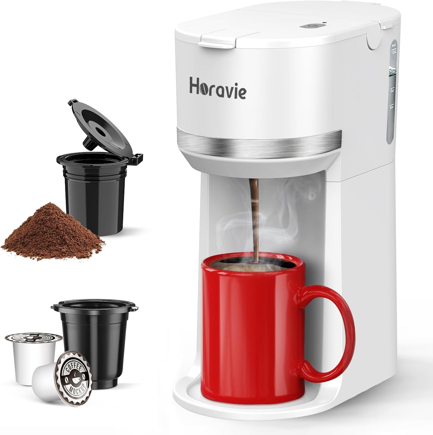 Mini Single Serve Coffee Maker for K Cup and Ground Coffee, Fast Brew One Cup Coffee Machine with Descaling Reminder and Water Window, 6 to 12 oz. Brew Sizes, White