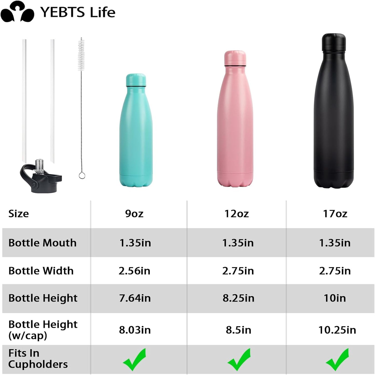 Insulated Water Bottle, 2 Pack-12oz Stainless Steel Water Bottles with straw lid, Metal Sports Water Bottles for Boys,Girls, Double Wall Vacuum BPA-Free Flask for School,Sports & Travel-Black