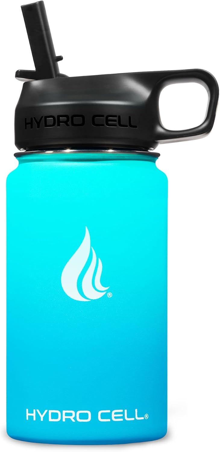 HYDRO CELL Stainless Steel Insulated Water Bottle with Straw - For Cold & Hot Drinks - Metal Vacuum Flask with Screw Cap and Modern Leakproof Sport Thermos for Adults (Teal/Blue 14oz)