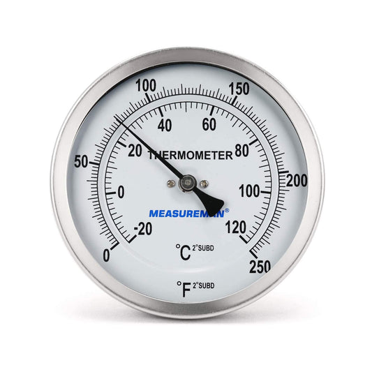 MEASUREMAN Fully Stainless Steel Pot, Kettle, Brewing Bimetal Dial Thermometer, 3" Dial, 6" Stem, 0-250 deg F/-20-120 deg C, -1% Accuracy, Adjustable, 1/2" NPT Back Mount