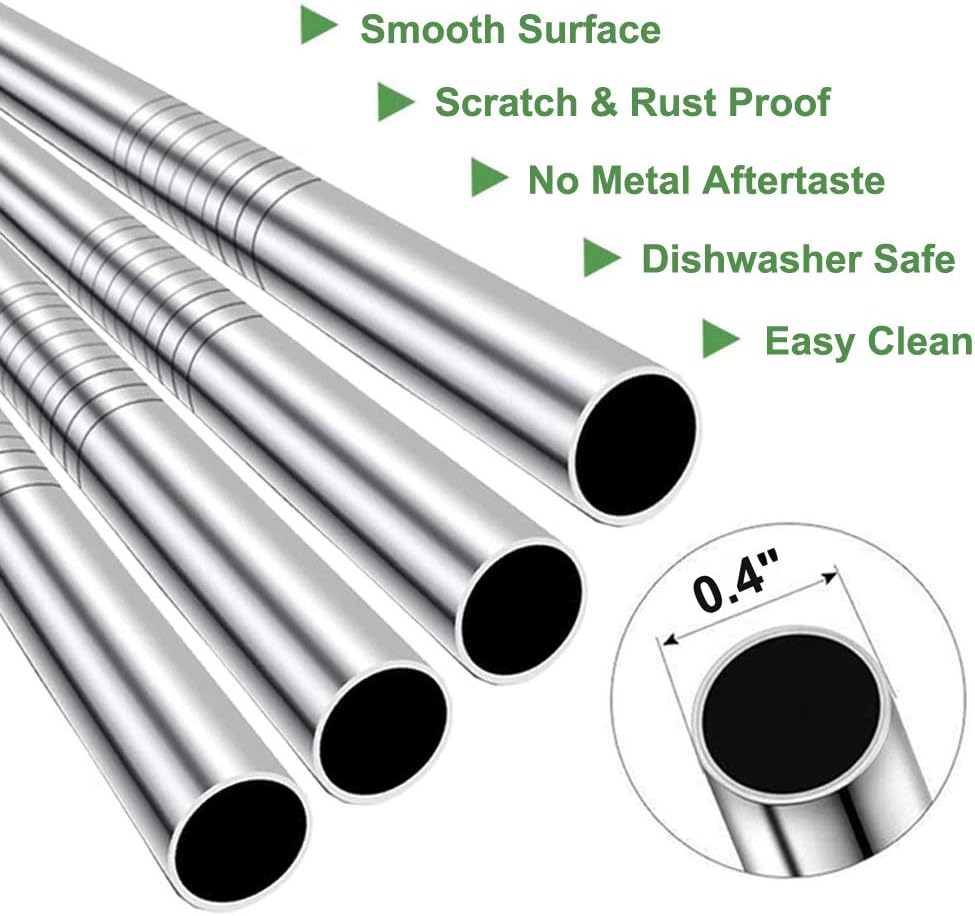 Vinaco Stainless Steel Smoothie Straws, 0.4'' Extra Wide Reusable Metal Drinking Straws for Milkshake, Smoothie, Beverage, Set of 4 with 1 Cleaning Brush