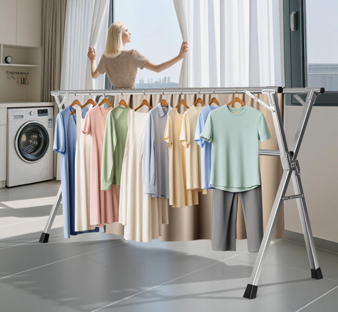 79 Inches Heavy - Duty Stainless Steel Folding Clothes Drying Rack Indoor Outdoor Anti-Rust 20 Windproof Hooks Portable & Foldable Laundry Rack (79'')
