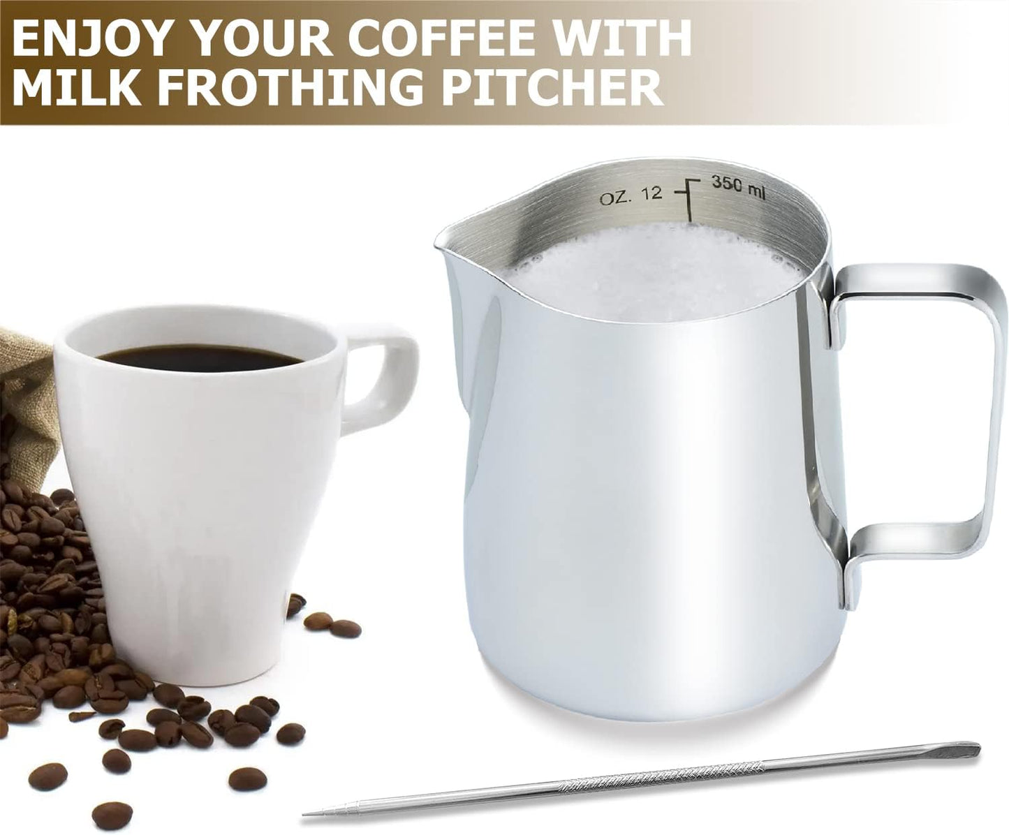 CAMKYDE Milk Frothing Pitcher 20 oz, Stainless Steel Espresso Steaming Pitcher with Decorating Pen for Coffee, Espresso Machines, Cappuccino, Latte Art A Silver
