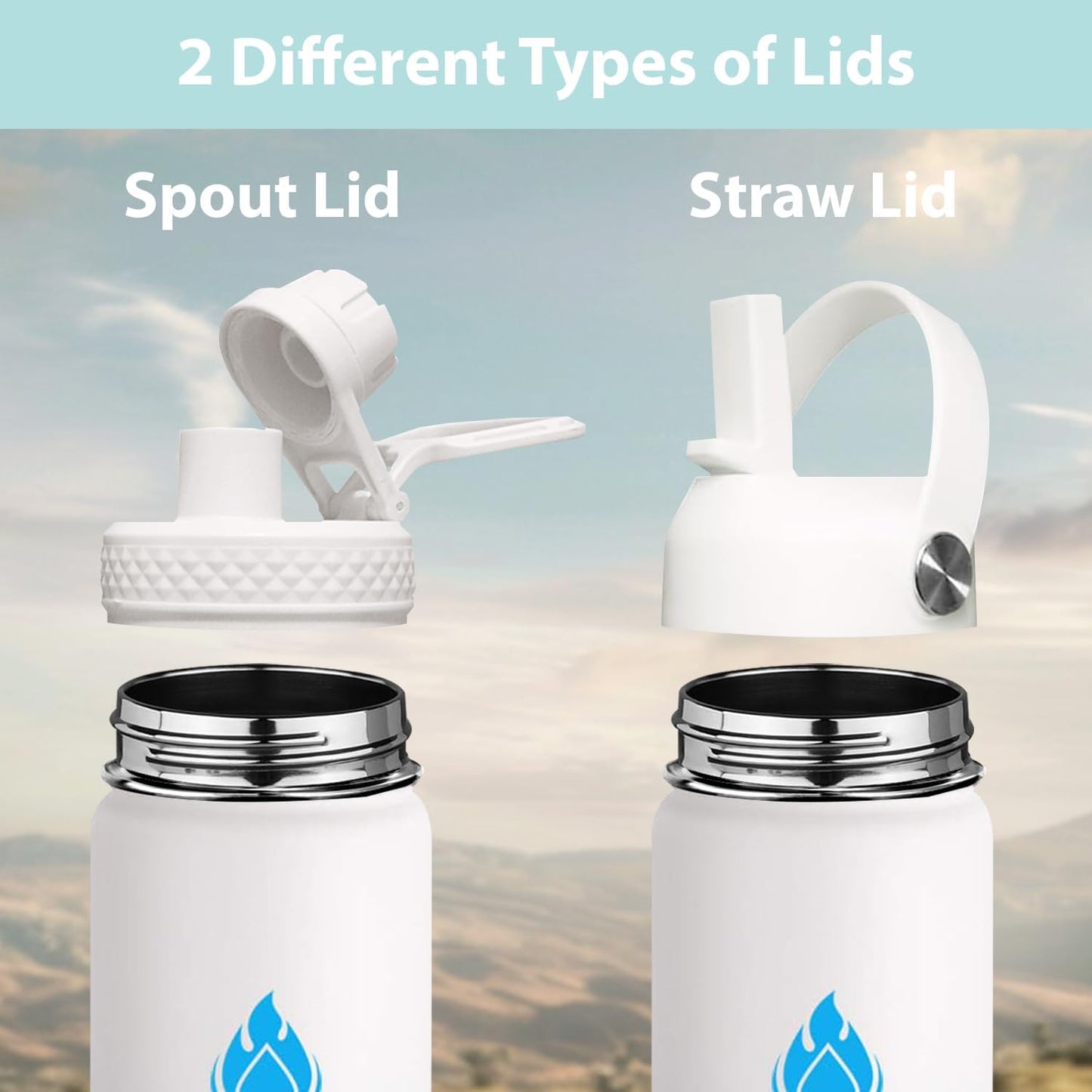 SENDESTAR Water Bottle 32oz Double Wall Vacuum Insulated Leak Proof Stainless Steel Sports Water Bottle—Wide Mouth with New Flex Straw Lid & Spout Lid (White&Tiffany)