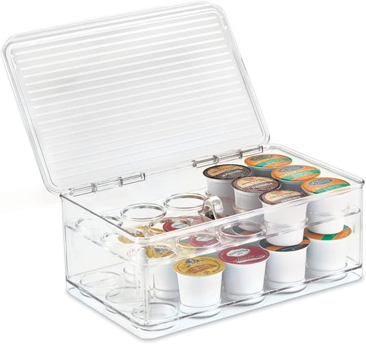 iDesign 2-Tier Coffee Pod Holder Lidded Bin, Plastic Pantry and Kitchen Storage, The Linus Collection – 7.25" x 10.75" x 4.25", Clear