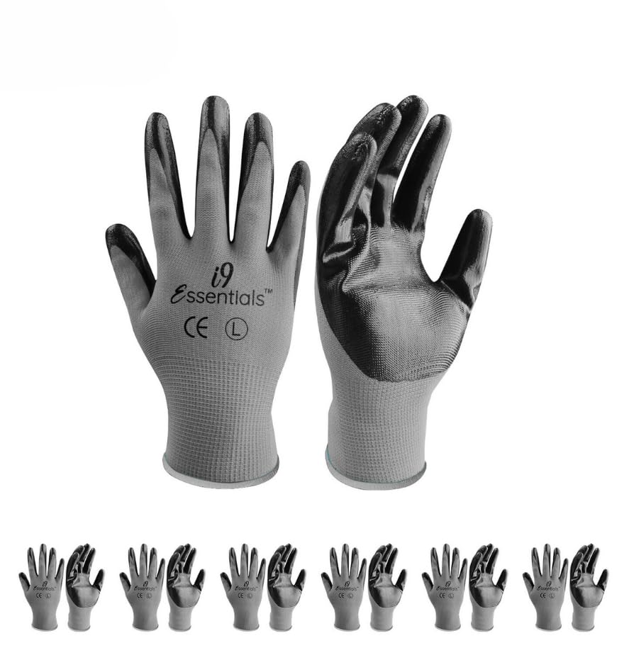 I9 Essentials Seamless Nitrile Coated Work Gloves, Large 6 Pairs, Black & Grey – Washable Grip for Construction, Gardening, Woodworking