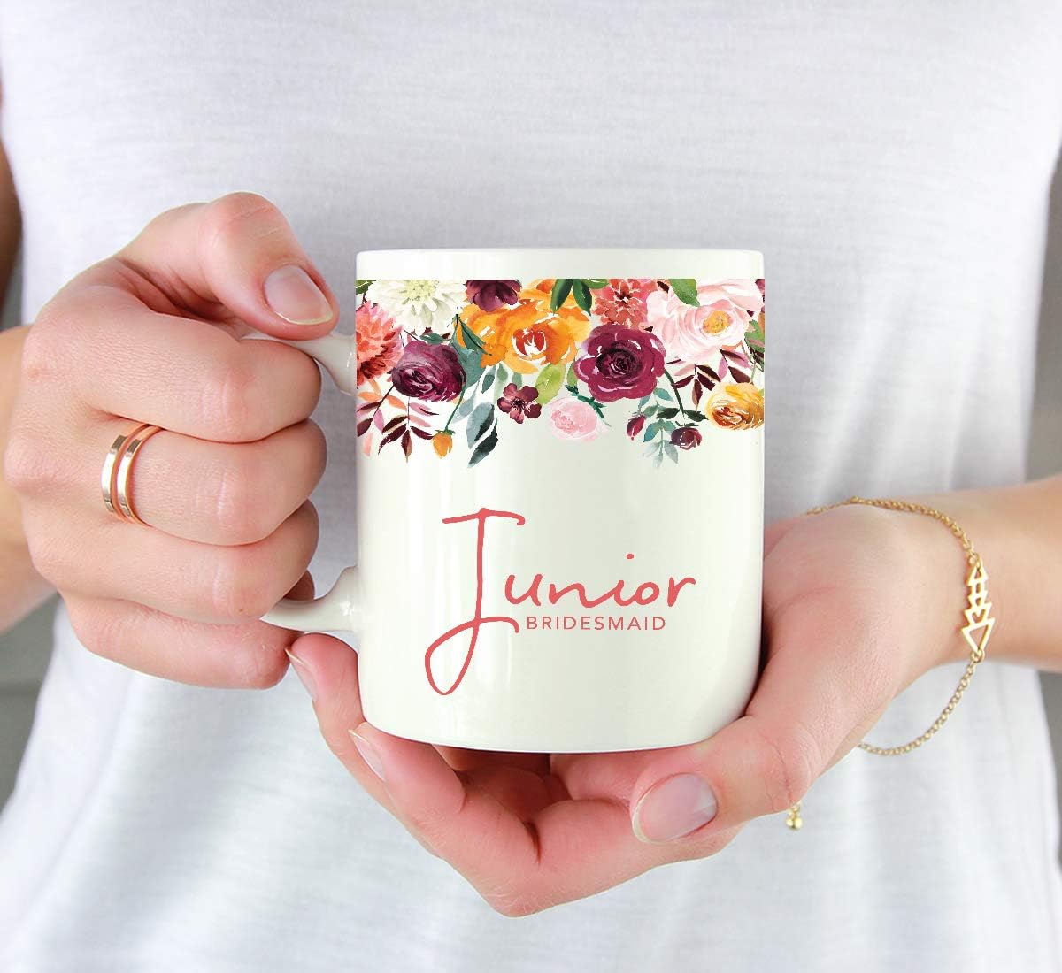Andaz Press 11oz. Wedding Ceramic Coffee Tea Mug Gift, Fall Autumn Burgundy Orange Peach Flowers Roses Florals, Junior Bridesmaid, 1-Pack, Includes Gift Box