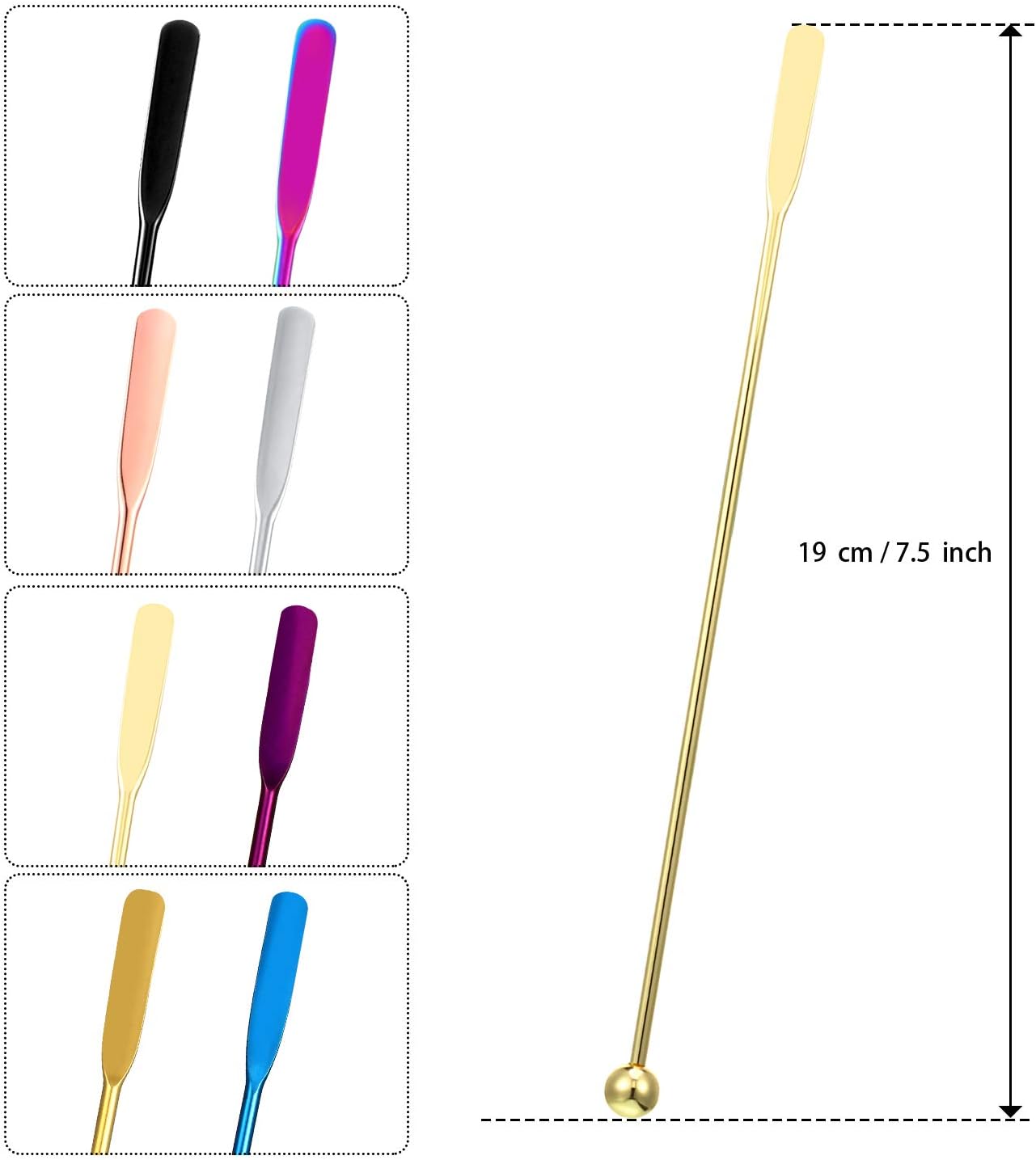7.5 Inches Stainless Steel Coffee Beverage Stirrers Drink Swizzle Stick with Small Rectangular Paddles, Set of 8 Beverage Stirrers for Coffee Cocktail Chocolate Milk Juices (Multicolor)