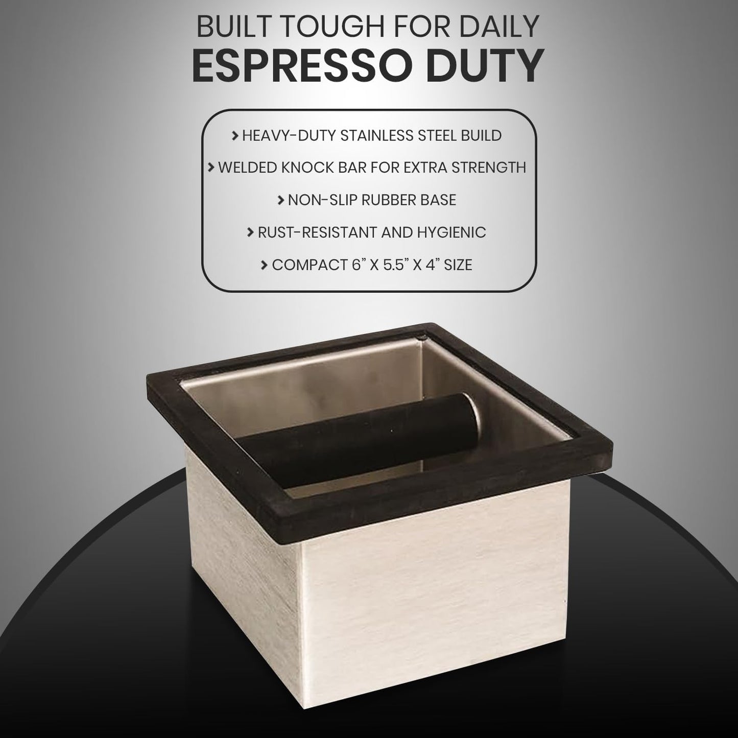Rattleware Stainless Steel Knock Box 6"x5.5"x4" | Heavy-Duty Espresso Grounds Container with Welded Bar | Durable Rust-Resistant Coffee Knockout Box with Non-Slip Rubber Base for Professional Baristas