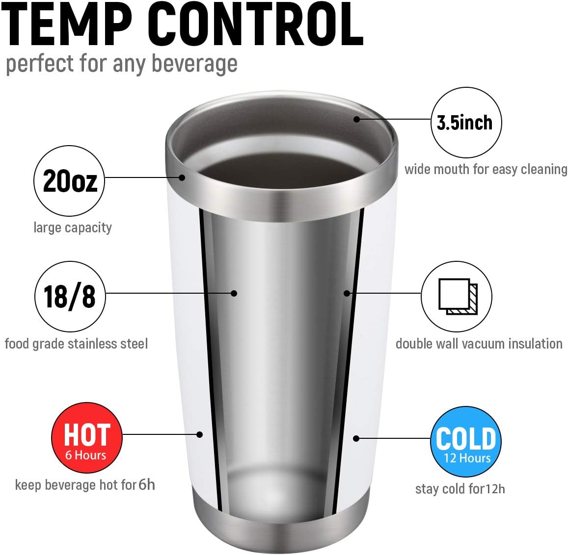 COMOOO 20oz White Tumbler Double Wall Vacuum Insulated Coffee Travel Mug Stainless Steel Tumbler Bulk with Lid and Straw Powder Coated Insulated Coffee Cup for Cold & Hot Drinks (White, 6 Pack)