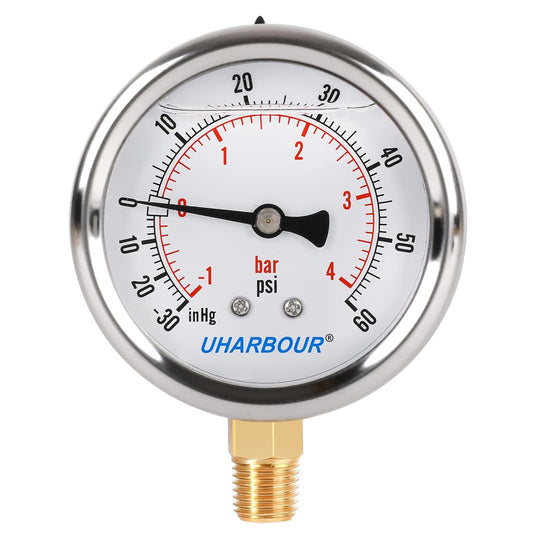 Glycerin Filled Pressure Gauge with 304 Stainless Steel Case, 2.5" Dial Size, 30InHg/60psi, High Accuracy, 1/4" NPT Center Lower Mount¡¦