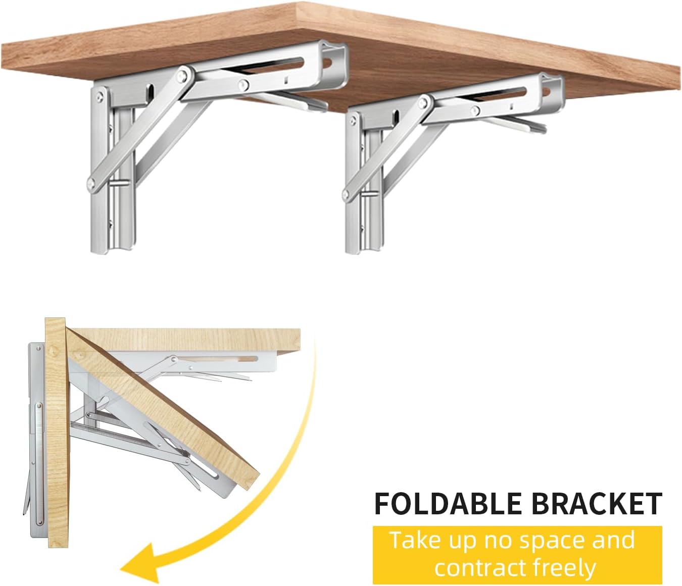 10 Inch Folding Shelf Brackets, 2 Pack Collapsible Heavy Duty Shelf Brackets for Fold Down Desk, Stainless Steel