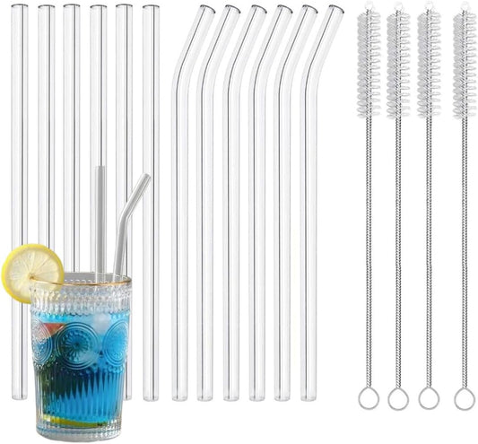 16 Pack Reusable Glass Straws,SIZE(8.5''x10 MM)£¬Set of 6 Straight and 6 Bent with 4 Cleaning Brush,Perfect for Smoothies,Tea, Juice