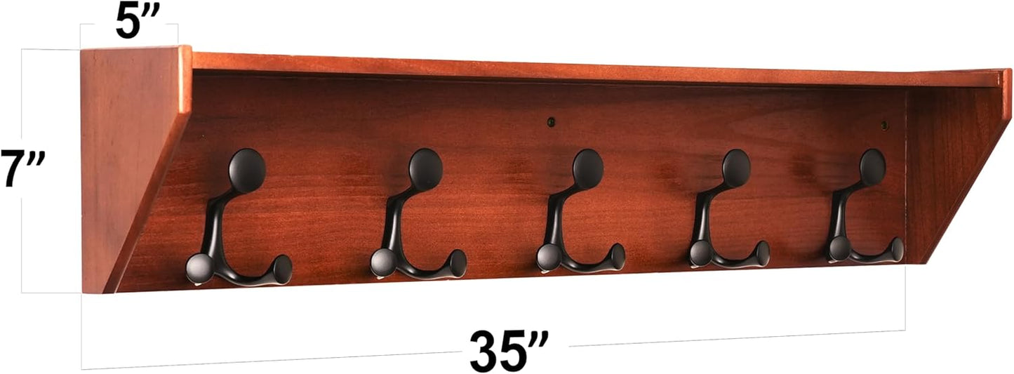 SKOLOO Wall Shelf with Hooks, 35-Inch Cherry Coat Rack Wall Mount with Shelf Organizer - Lightweight & Sturdy, 5 Tri Hooks - Perfect for Entryway, Hallway, Living Room, Bedroom, Mudroom