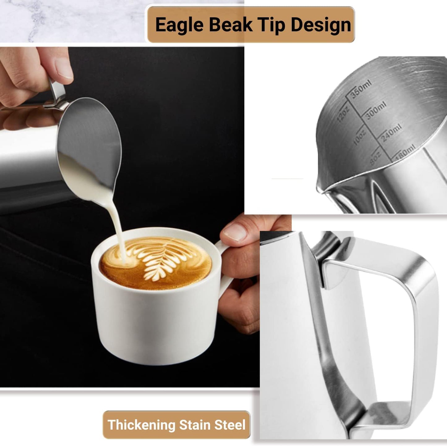 Milk Frothing Pitcher, 350ml/600ml (12oz/20oz) Milk Frother Cup Stainless Steel Jug Steaming Pitcher, Milk Coffee Cappuccino Latte Art Barista Steam Pitchers Milk Jug Cup with Decorating Pen