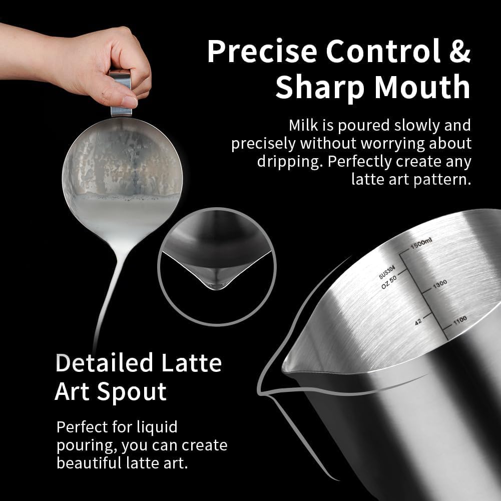 watchget Milk Frothing Pitcher 50oz/1500ml - Stainless Steel Espresso Steaming Pitcher for Cappuccino, Latte Art, Coffee Machine Accessories Milk Jug Frother Cup, Silver