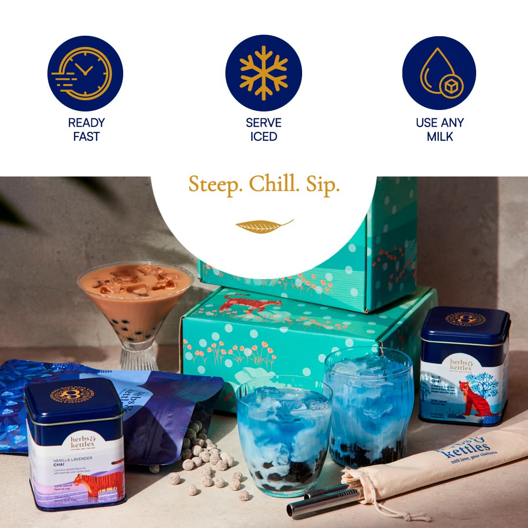 Herbs & Kettles Vanilla Lavender Chai Boba Kit | Assam Black Tea with Real Vanilla Bean, Lavender Flowers & Warming Spices + Chewy Tapioca Pearls | DIY Bubble Tea Kit with Reusable Straws