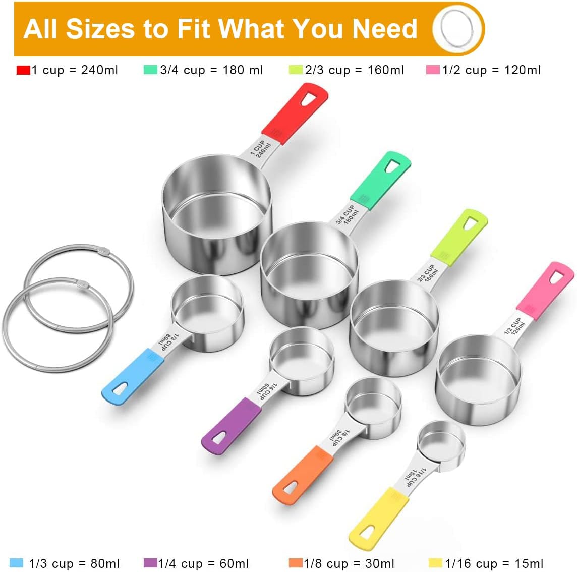 Wildone 8-Piece Measuring Cups Set, Stainless Steel Nesting Measuring Cups, Perfect for Dry and Liquid Ingredients, Dishwasher Safe