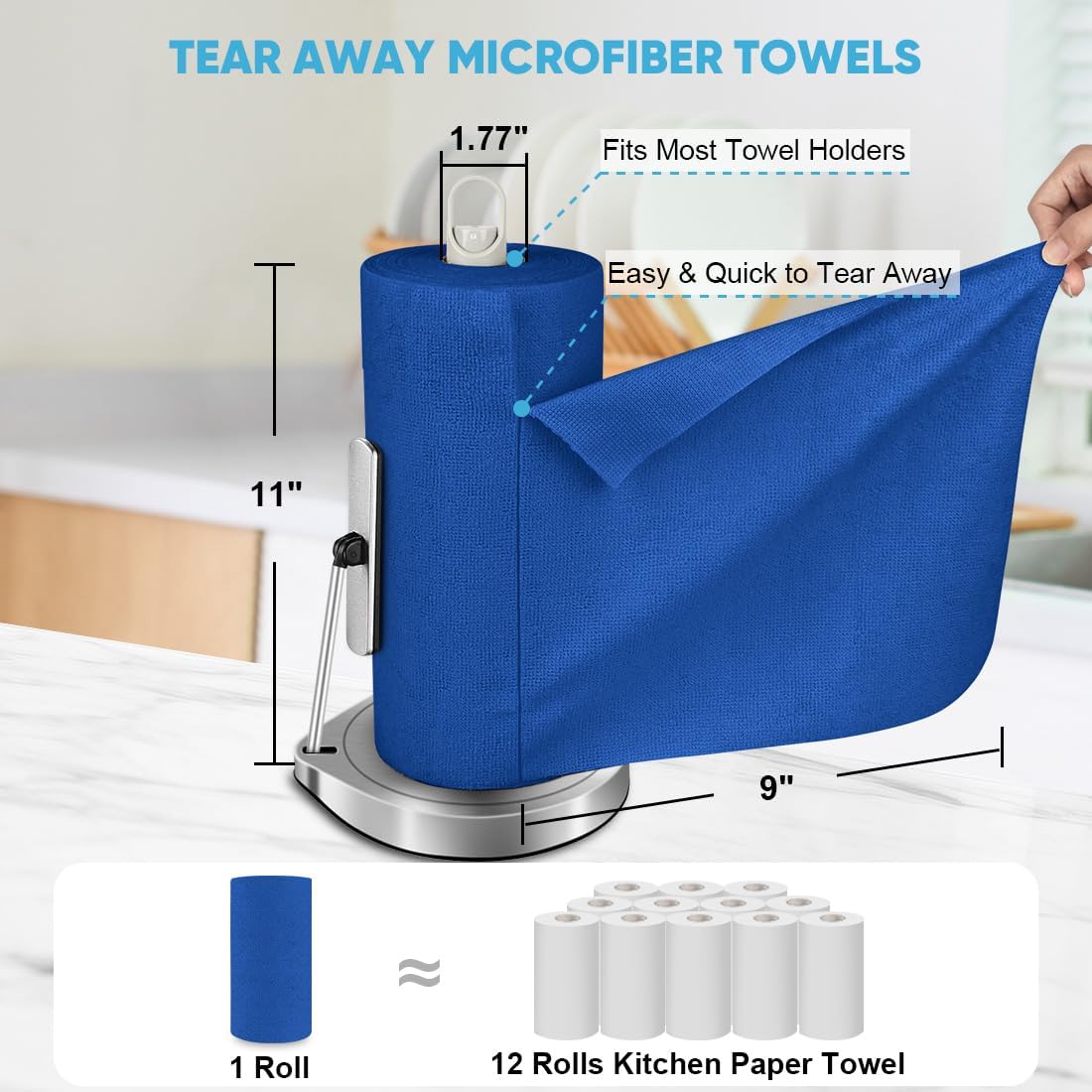 AIDEA Microfiber Cleaning Cloth Roll, Shop Towels 55 Sheets Washable, Microfiber Towels for Cars, Shop Rags Reusable Paper Towel for Automotive, House, Kitchen, Cleaning Supplies 11×9", Dark Blue