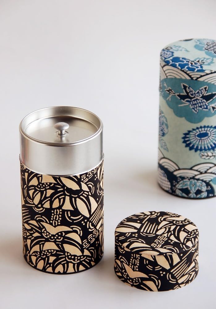 Japanese Pokkan Coffee Spice Tea Tin Canister Washi Paper Storage with Lid 7.05 oz Capacity (Eto)