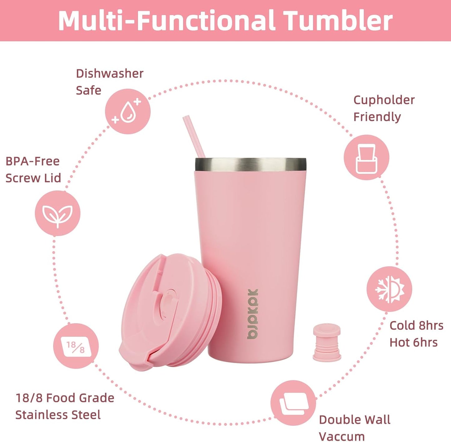 BJPKPK 18oz Tumbler With lid And Straw Stainless Steel Travel Coffee Mug Insulated Tumblers Cups,Light Pink