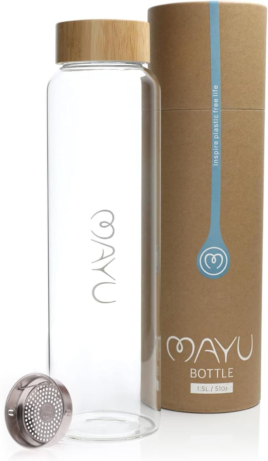 mayu Portable Container Water Bottle With Bamboo Lid - Eco Friendly & BPA Free Borosilicate Glass Infuser Bottle - Leak Free Design - For Storage, Everyday Use And Non-Toxic Hydration - 51oz 1.5L