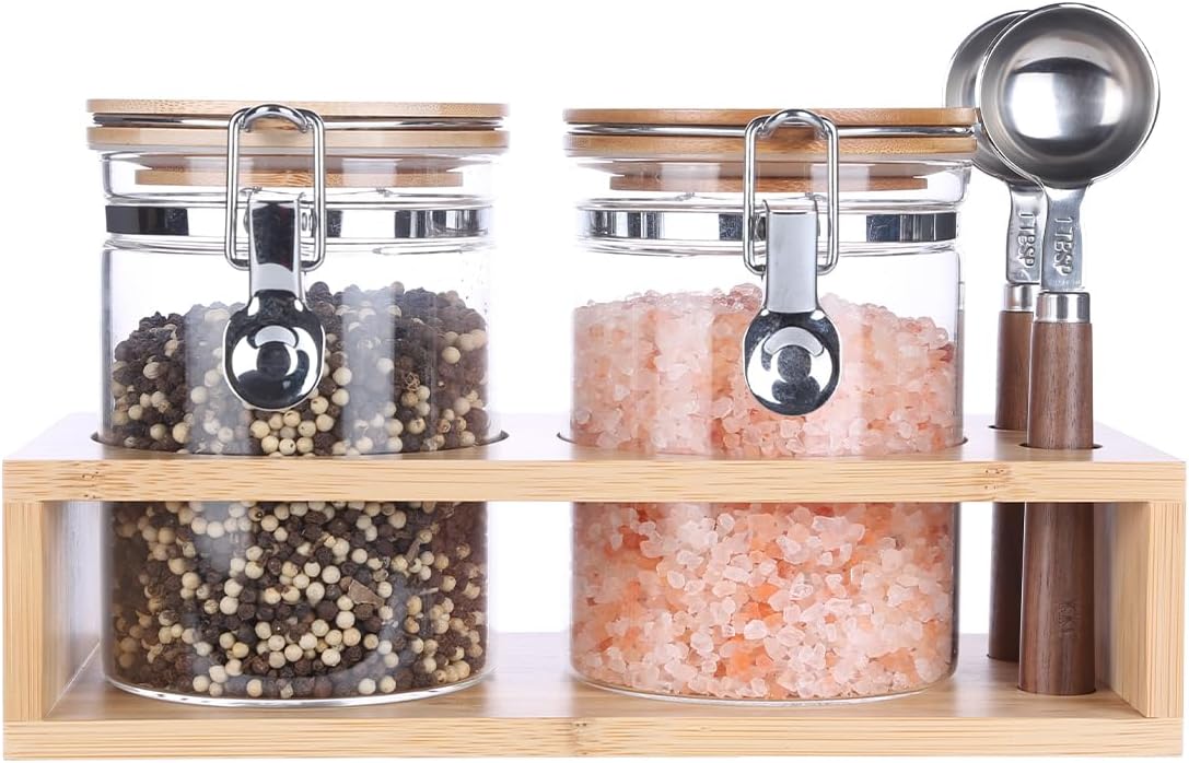 KKC HOME ACCENTS Sealed Glass Storage Jars with Scoops for Brown Sugar,Sea Salt,Flour,Ground Coffee,Beans,Loose Tea,Matcha,Glass Containers with Sealed Hinged Lids for Kitchen Counter,27 Fluid-oz