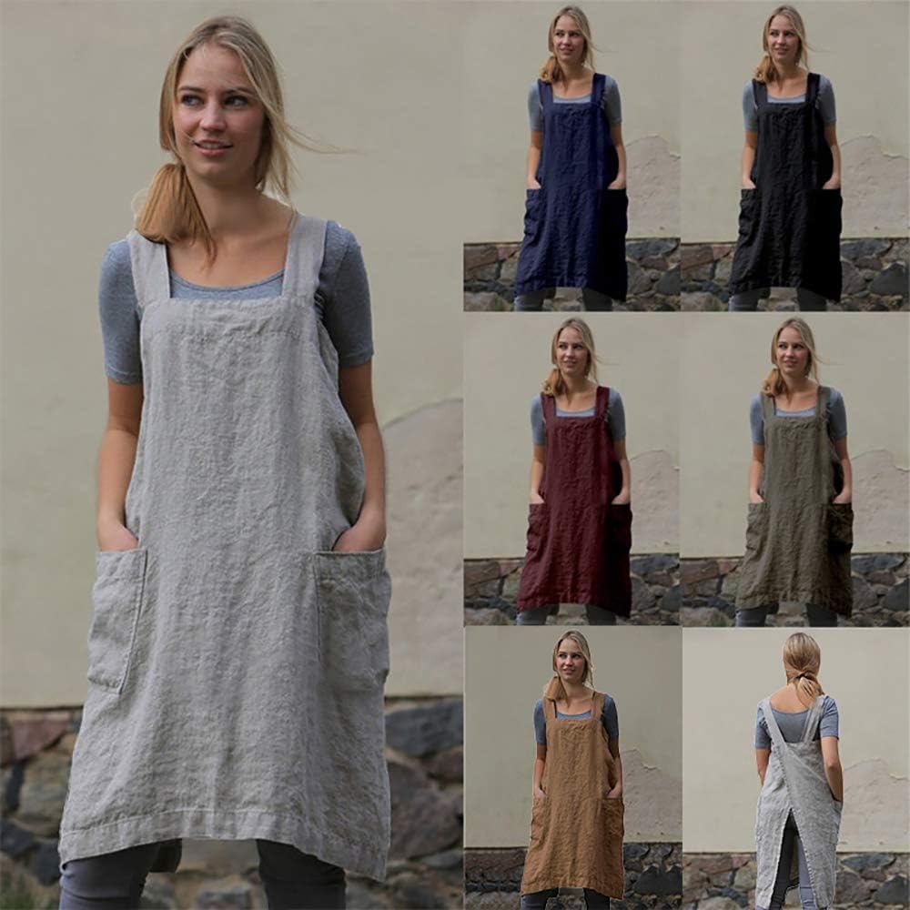 Women's Pinafore Square Apron Baking Cooking Gardening Works Cross Back Cotton/Linen Blend Dress with 2 Pockets