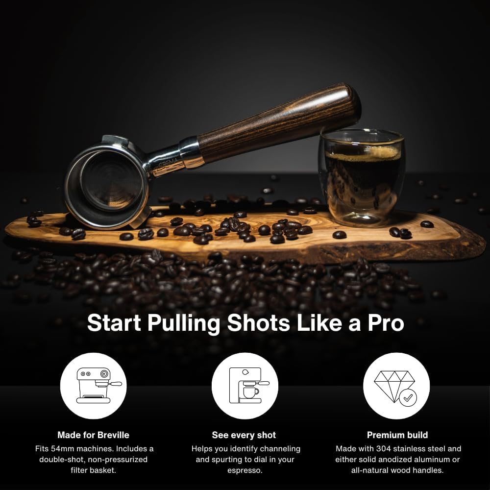 Crema Coffee Products 54mm Bottomless Naked Portafilter | Compatible with 54mm Breville Machines | Includes Double Shot Filter Basket | Matte Black
