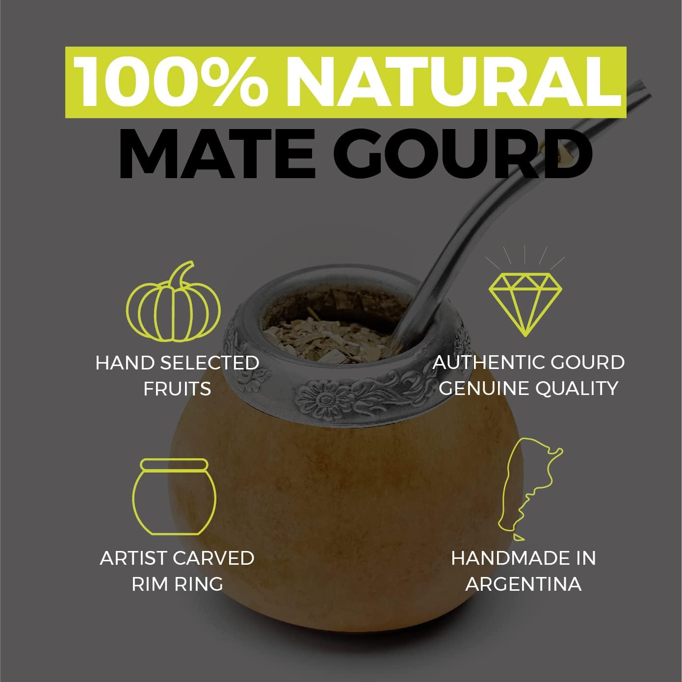 BALIBETOV Yerba Mate Gourd Set (Original Natural Handmade Yerba Mate Cup Argentina) - Includes Mate Tea Cup, Bombilla (Mate Straw) and Clean Brush - Classic Mate Cup and Bombilla Set (Suela)