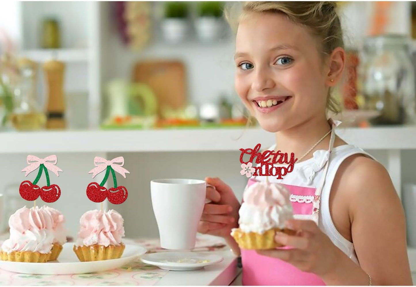 24 Pack She's the Cherry On Top Cupcake Toppers, Glitter Cherry Sweet Cake Pick for Fruits Theme Baby Shower and Bridal Shower Decorations Supplies (Top)