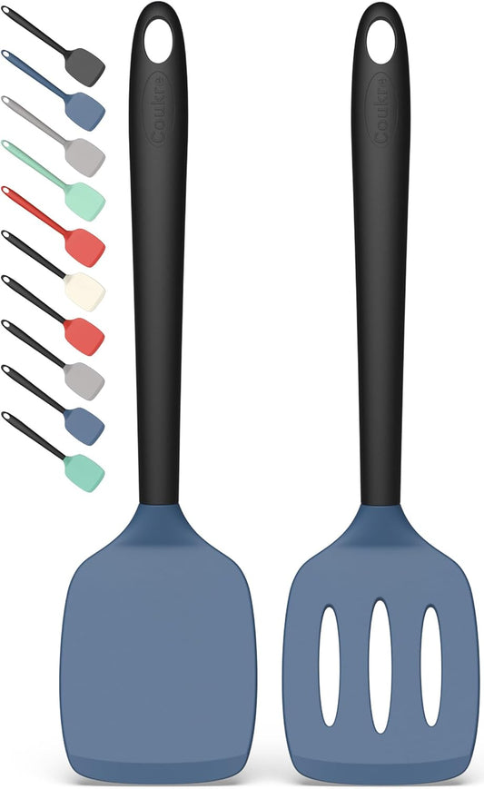 Coukre 2 Pack Silicone Spatula Set, High Heat Resistant, BPA Free Kitchen Spatula, Solid & Slotted Turner for Non-Stick Pans, Saut?ing, and Flipping (2, DarkBlue)