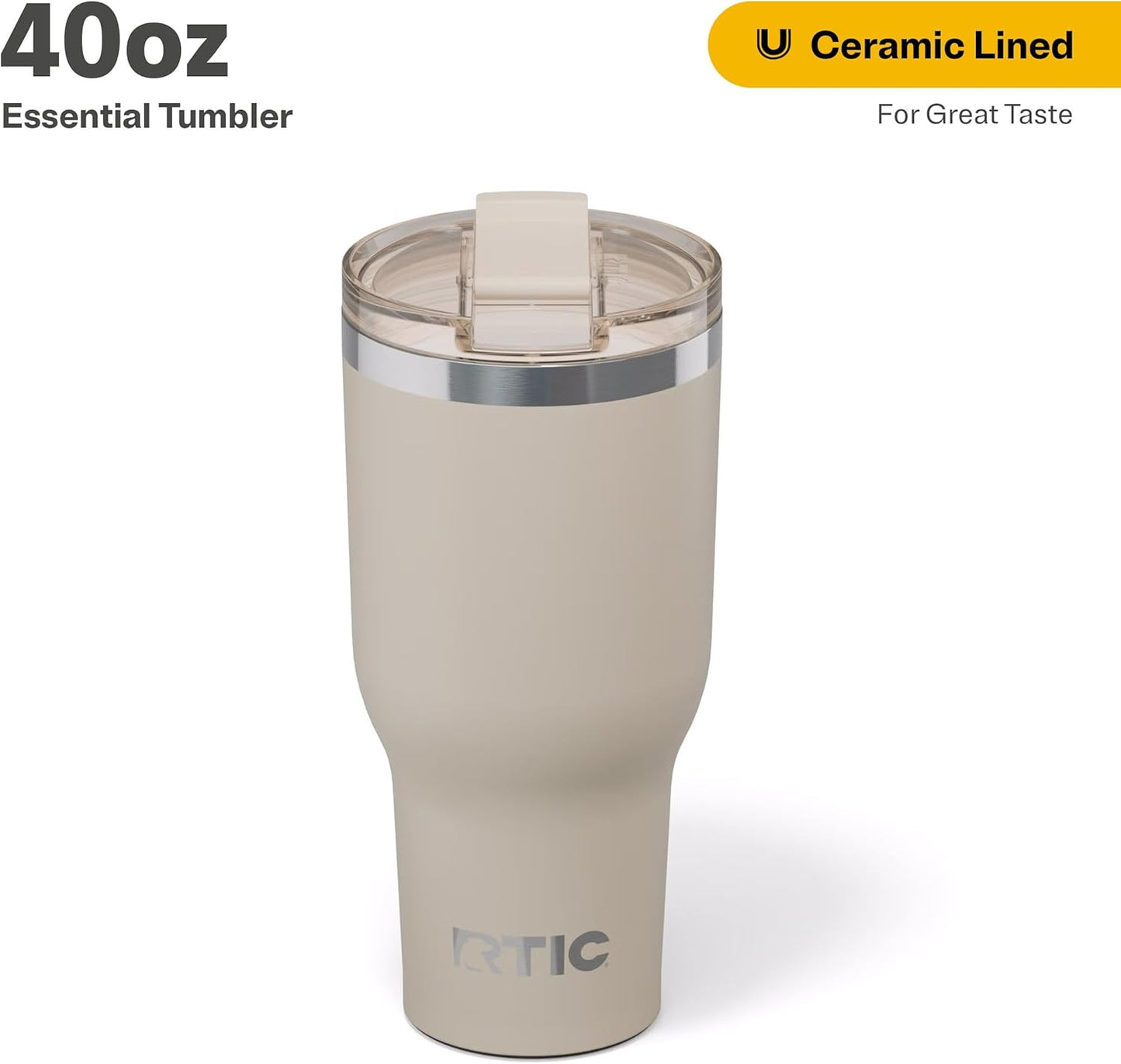 RTIC 40oz Essential Tumbler with Lid, Insulated, Stainless Steel, Metal, Double Wall Vacuum-Insulation, Ceramic Lined, Travel Cup for Iced Coffee, Tea, Hot and Cold Drink, Beach