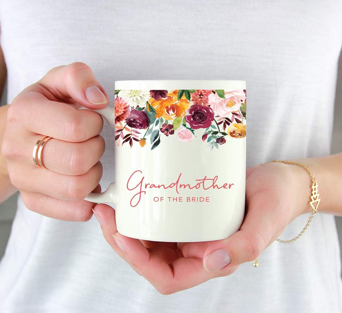 Andaz Press 11oz. Wedding Ceramic Coffee Tea Mug Gift, Fall Autumn Burgundy Orange Peach Flowers Roses Florals, Grandmother of the Bride, 1-Pack, Includes Gift Box
