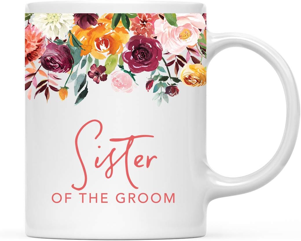 Andaz Press 11oz. Wedding Ceramic Coffee Tea Mug Gift, Fall Autumn Burgundy Orange Peach Flowers Roses Florals, Sister of the Groom, 1-Pack, Includes Gift Box