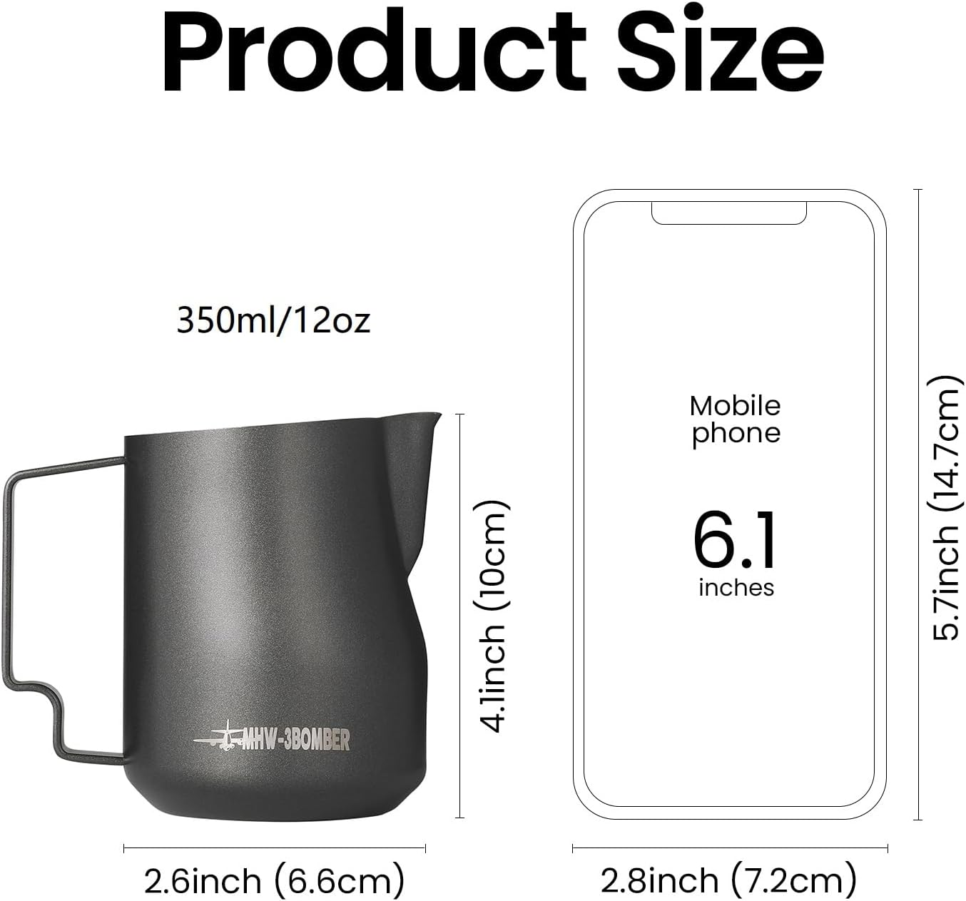 MHW-3BOMBER Milk Frothing Pitcher 12oz/350ml Milk Frother Cup Espresso Steaming Pitcher Stainless Steel Milk Frother Cup Barista Latte Art Round Spout Milk Jug White P6013W-OS
