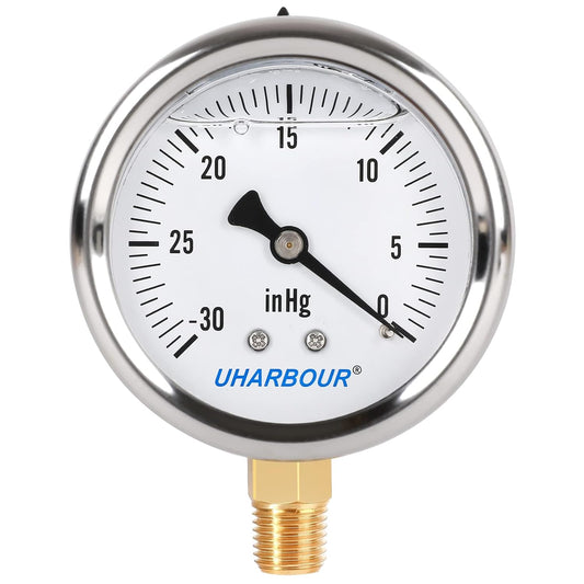 Glycerin Filled Pressure Gauge with 304 Stainless Steel Case, 2.5" Dial Size, 30InHg/0, High Accuracy, 1/4" NPT Center Lower Mount with Single Scale¡¦