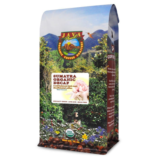 Low Acid Organic Coffee – Whole Bean, Mold-Free & Stomach Friendly by Java Planet, Sumatran Single Origin Decaf Coffee, Dark Roast, Smooth Full Flavored, 1LB Bag