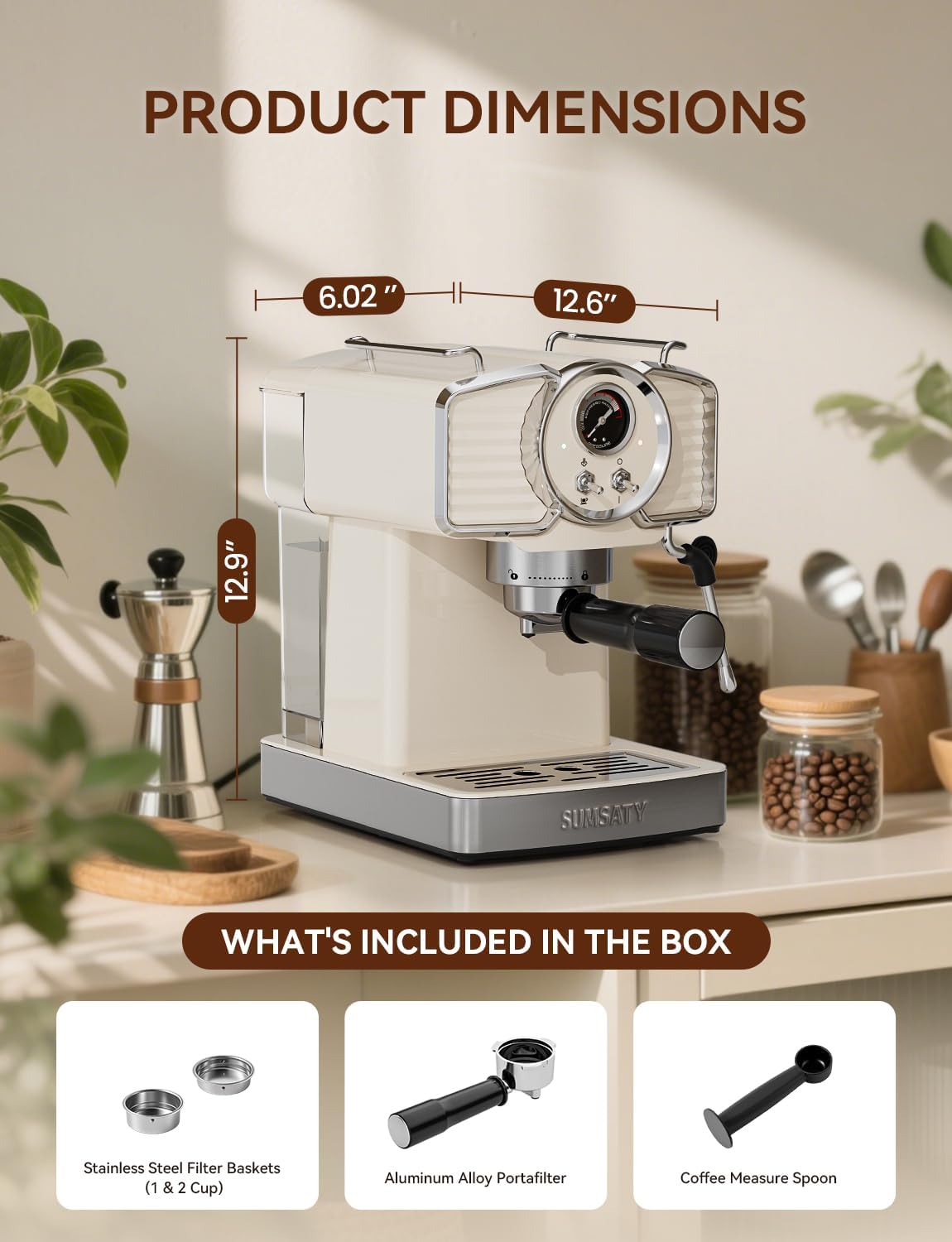Espresso Machine 20 Bar, Professional Espresso Maker with Milk Frother Steamer Wand, Espresso Coffee Machine Off-white, Cappuccino & Latte Machine for Home, Retro, 1.8L Removable Water Tank