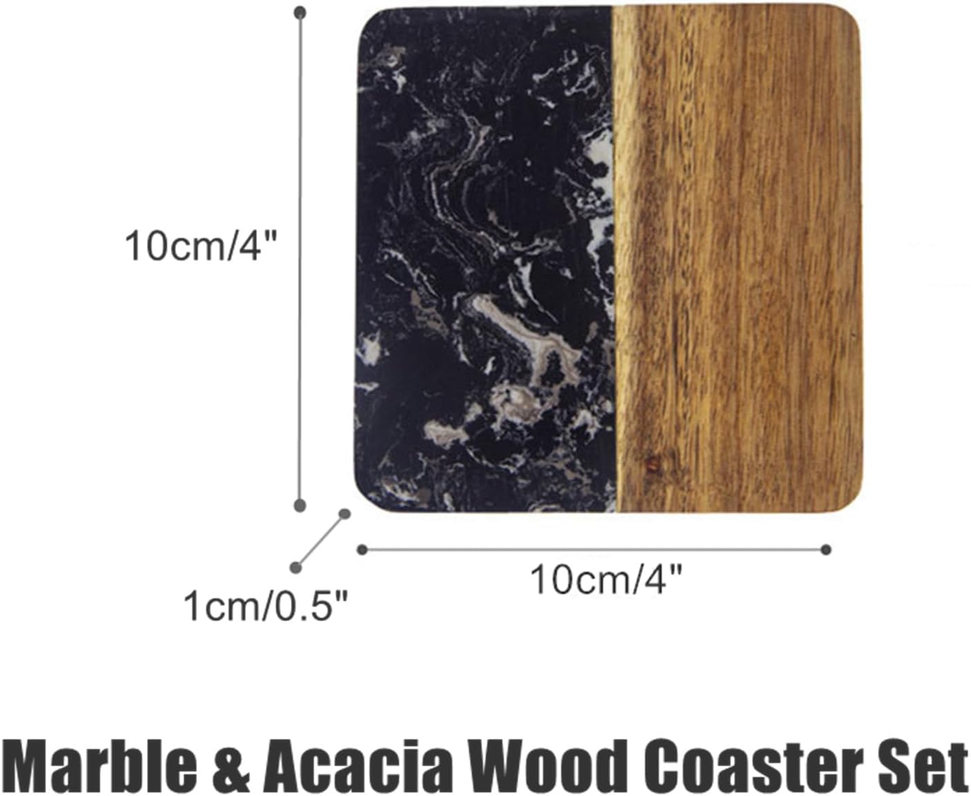 I-LAN 4 Pack 4 x 4 Inch Squre Natural Wood and Marbel Style Coasters for Drinks，Marble and Natural Wood Joint Mixed Modern Style Heat-Resistant Coaster Set for Home Kitchen