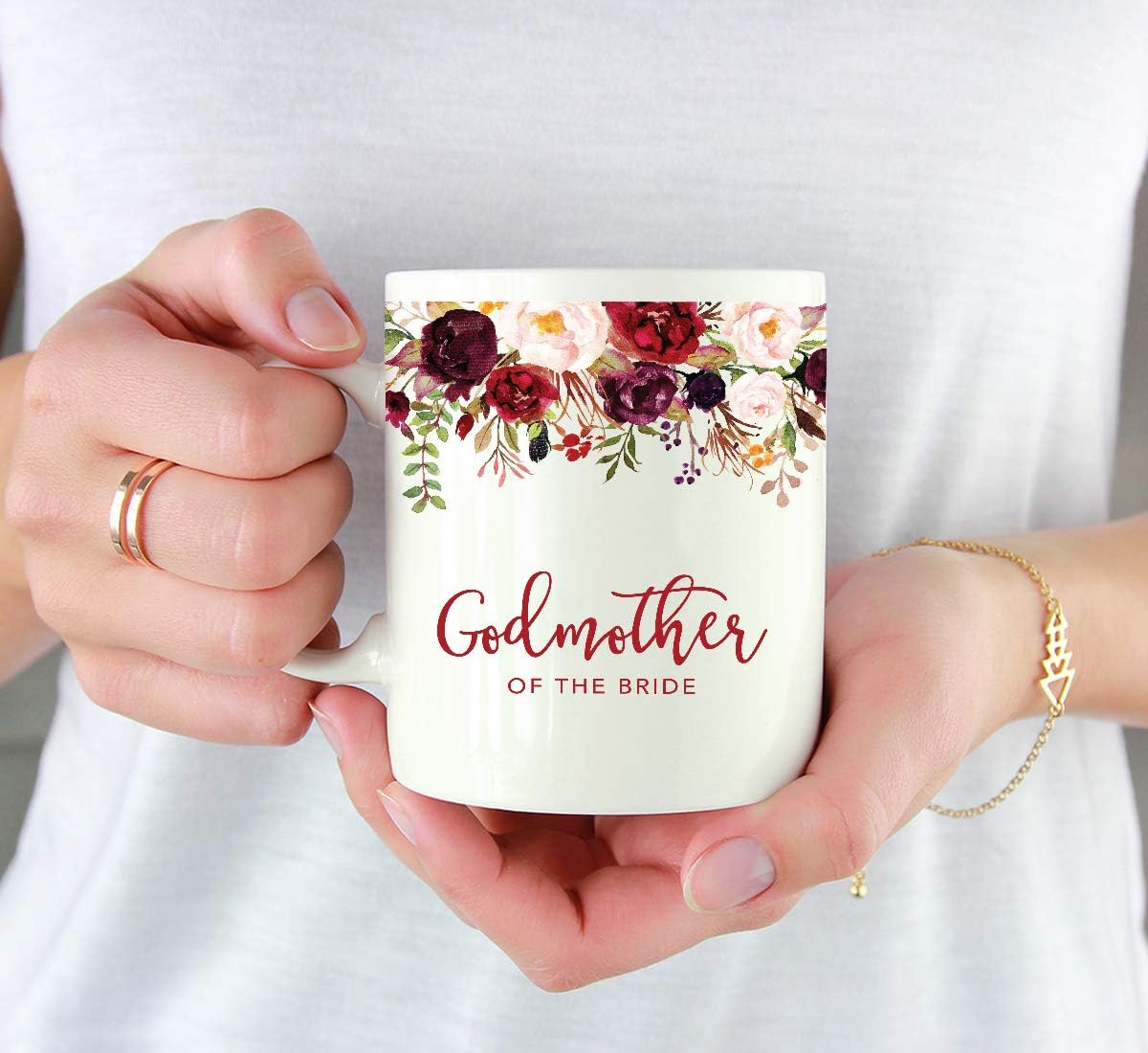 Andaz Press 11oz. Wedding Ceramic Coffee Tea Mug Gift, Fall Autumn Marsala Burgundy Flowers Roses Florals, Godmother of the Bride, 1-Pack, Includes Gift Box