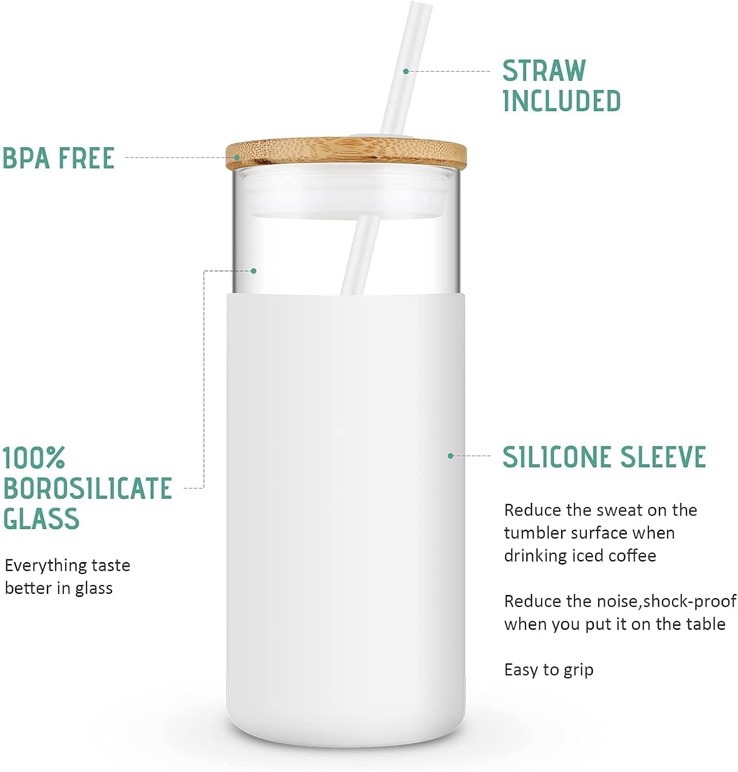 Tronco 20 oz Glass Tumbler Glass Water Bottle Straw Silicone Protective Sleeve Bamboo Lid - BPA Free -White/4 Pack